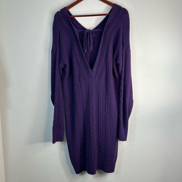 Abercrombie & Fitch Women Purple Cable Knit Sweater Dress XL Open Back Fisherman - Picture 2 of 10